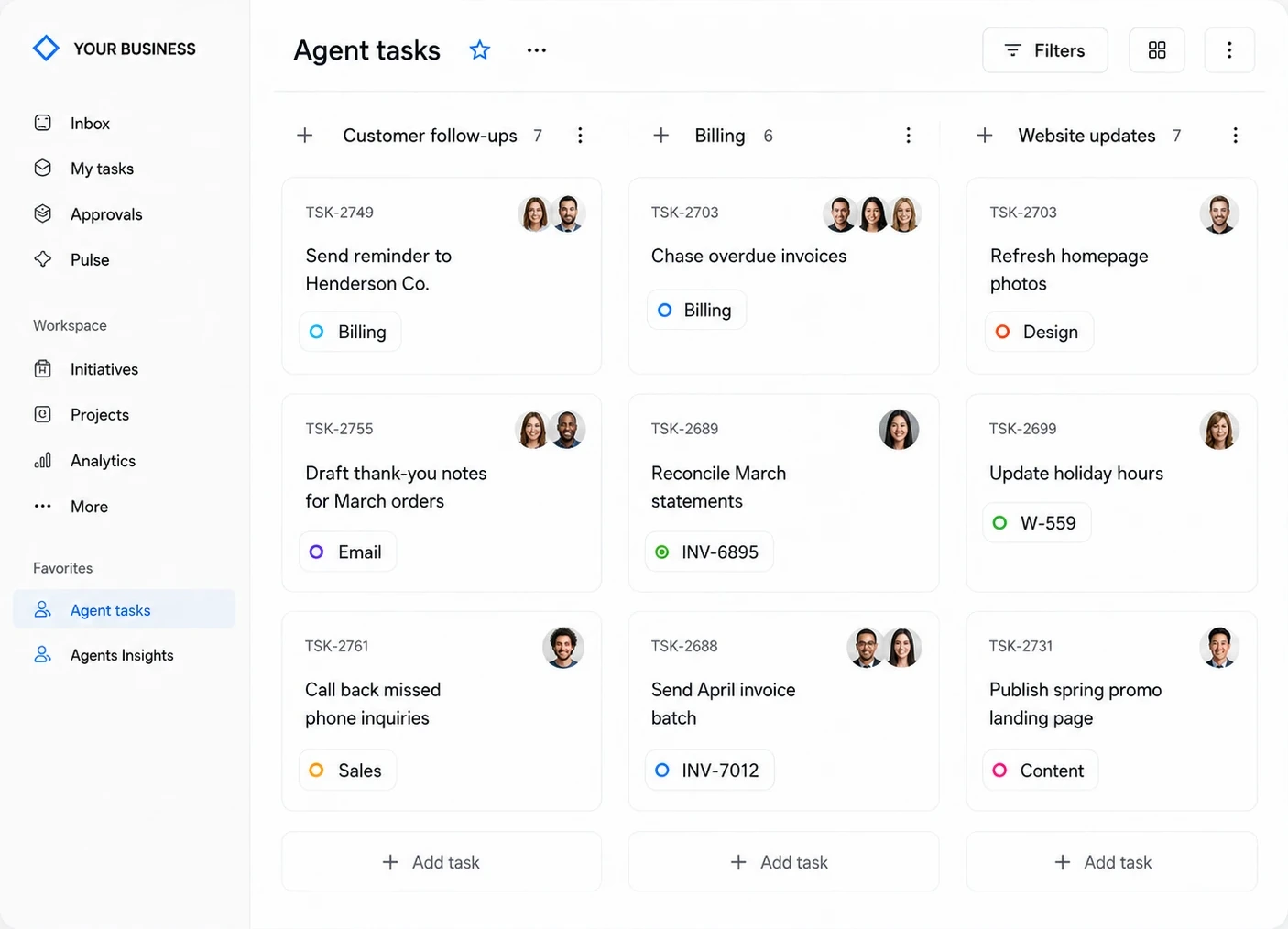 The same app’s Agent tasks board: three columns — Customer follow-ups, Billing, and Website updates — of task cards with assignee avatars and labels, each being worked by an AI agent.